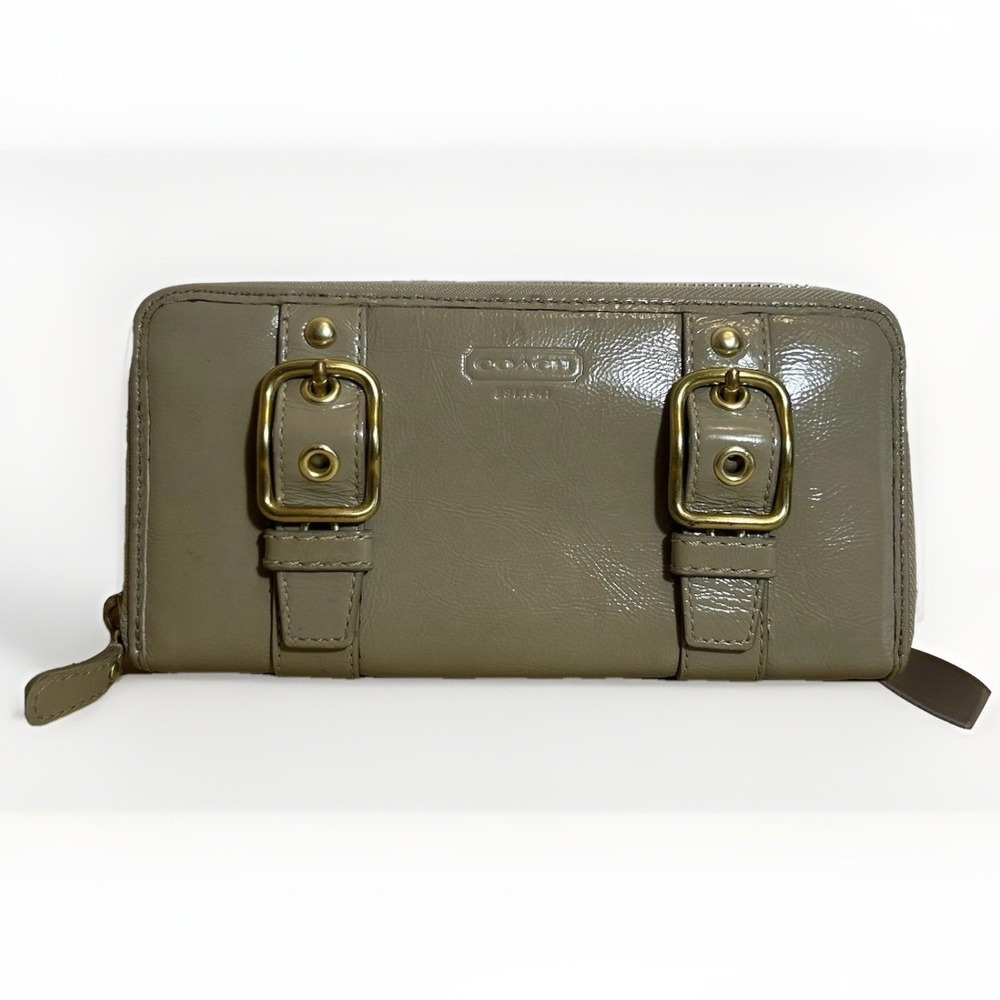 Coach Vintage Double Buckle Leather Zip Around Wallet w/ Gold Buckle Grey